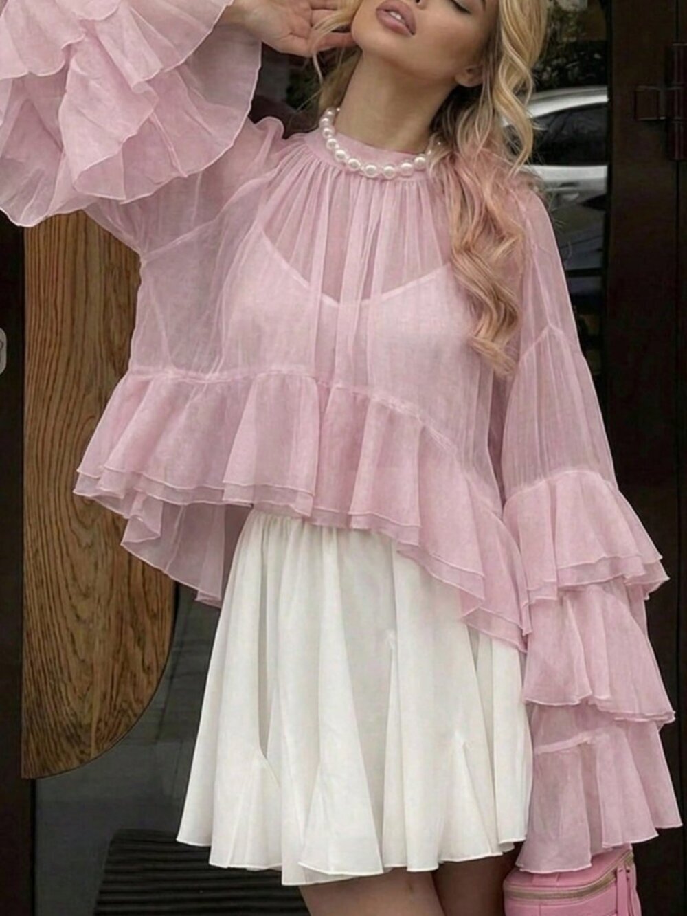 Pink Luxury Elegant Women's Chiffon Ruffle Cuff High Collar Blouse - Picture 7 of 8